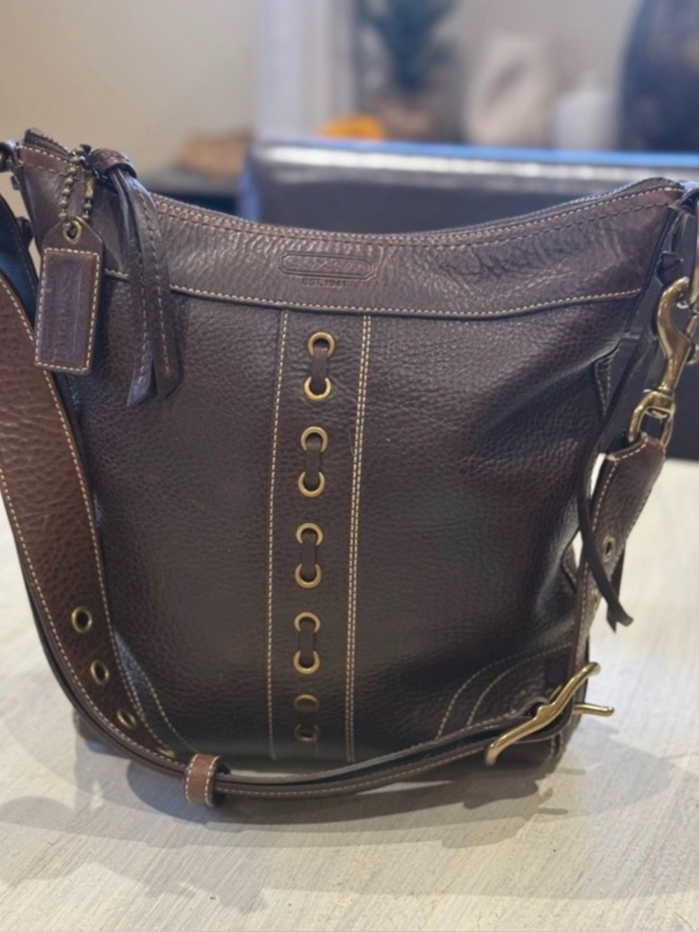 VTG Coach Chelsea Laced Duffle Pebbled Leather Crossbody Bag Brown 10399 EUC